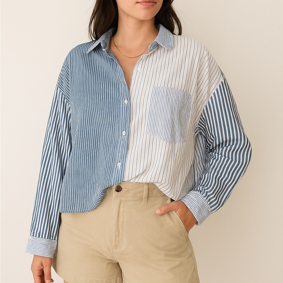 American Eagle Patchwork Striped Button Down Shirt Blue White Oversized L - Picture 1 of 6
